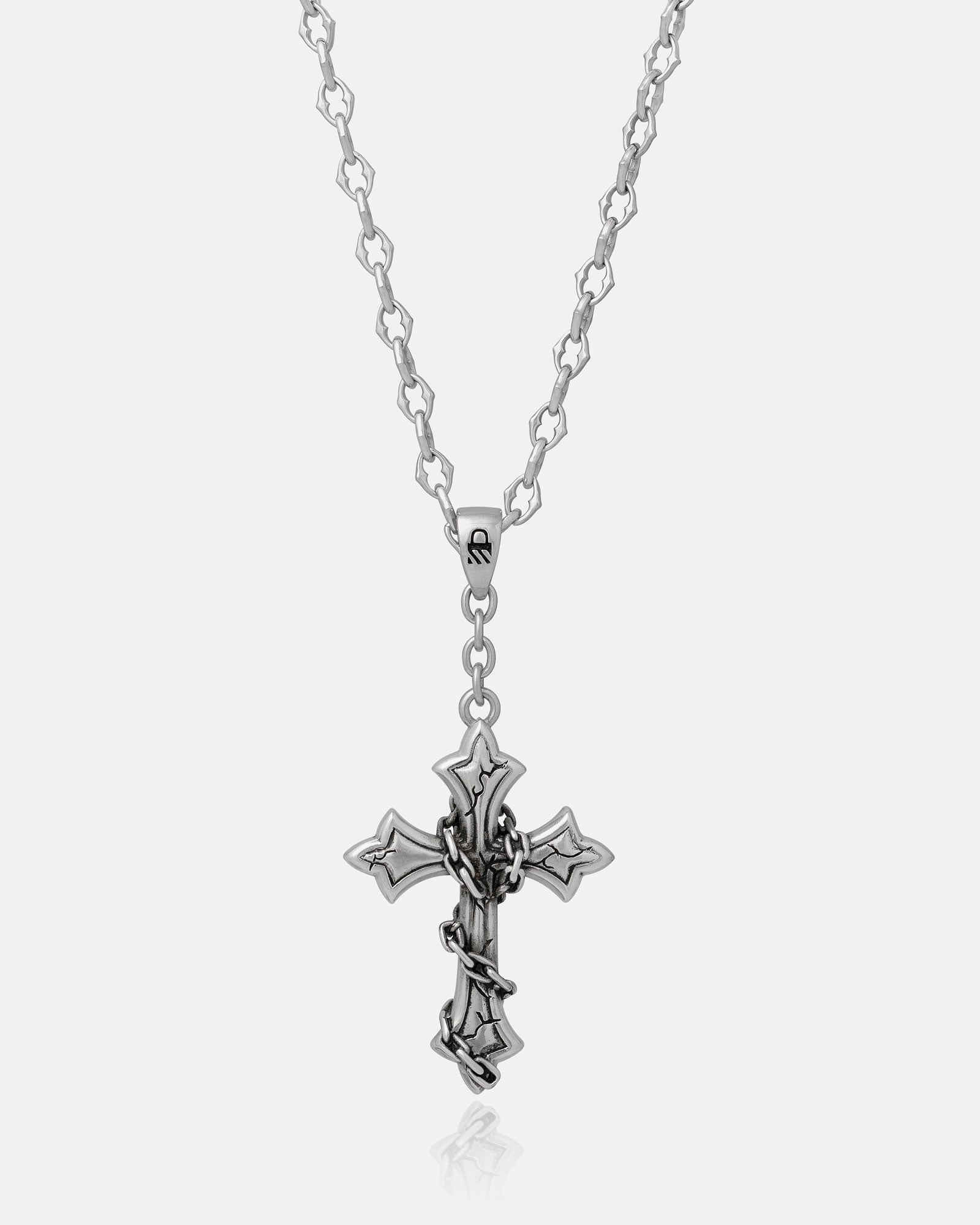 The Cathedral" 6mm Spiked Chain, shown here with a pointed-edge cross pendant and barbed wire design, channels gothic medieval style and is displayed against a plain white background. Custom pendants available.