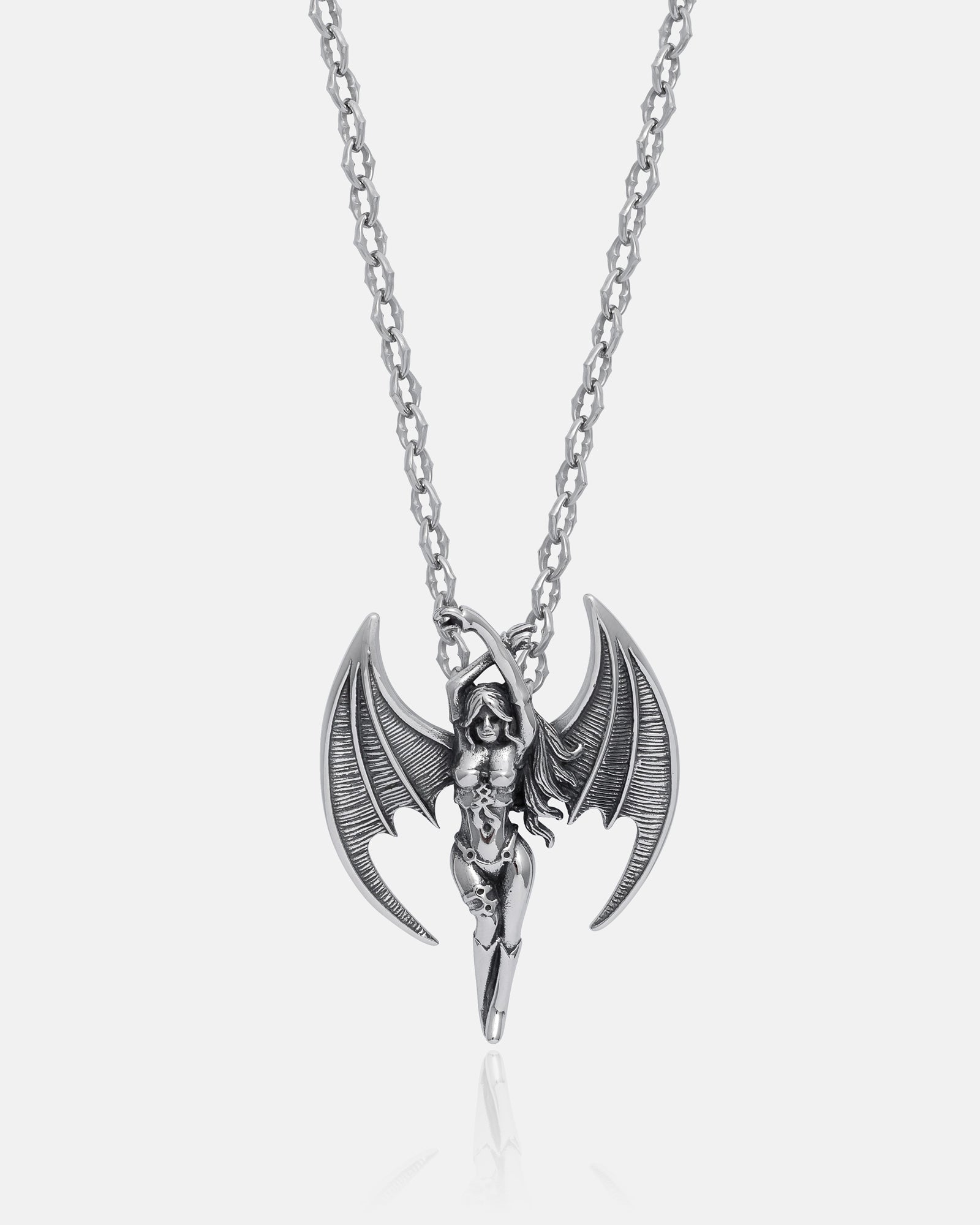 The Cathedral" 6mm spiked chain features a custom pendant—a silver stainless steel female figure with bat-like wings and crossed arms—displayed on a plain white background.