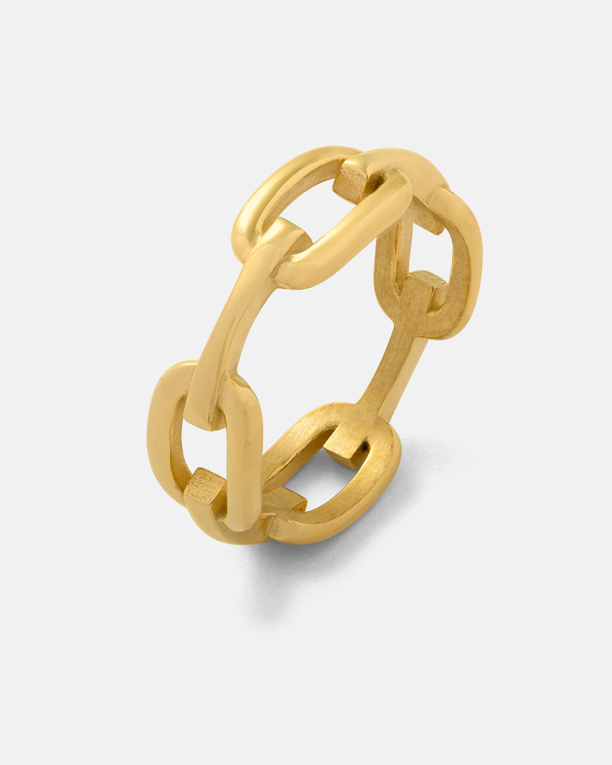The Chained Ring (Gold) by Statement Collective features interlocking oval and rectangular links and is displayed on a light gray background. This elegant ring is crafted with 18K gold plating and designed to be waterproof, offering both style and durability.