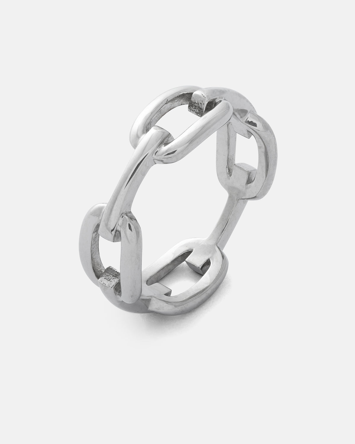 Introducing the Chained Ring by Statement Collective—a minimalist ring crafted from interlocking oval links in a sleek silver finish, showcased on a simple white background. Perfect for adding a unique touch to your stackable band collection.