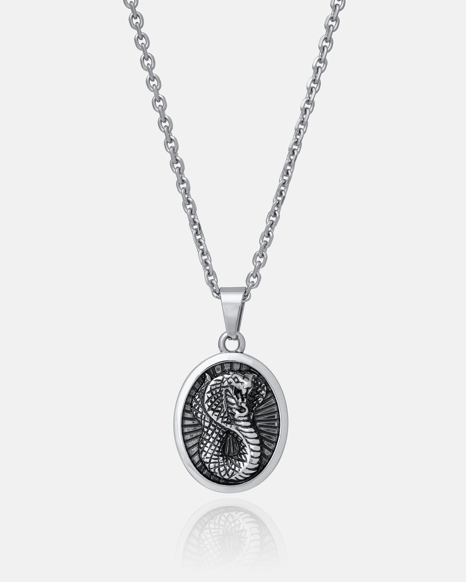 The Snake Charmer Pendant is a silver chain cobra necklace with a round stainless steel pendant, embossed with a seahorse and textured background, shown on a plain white surface.
