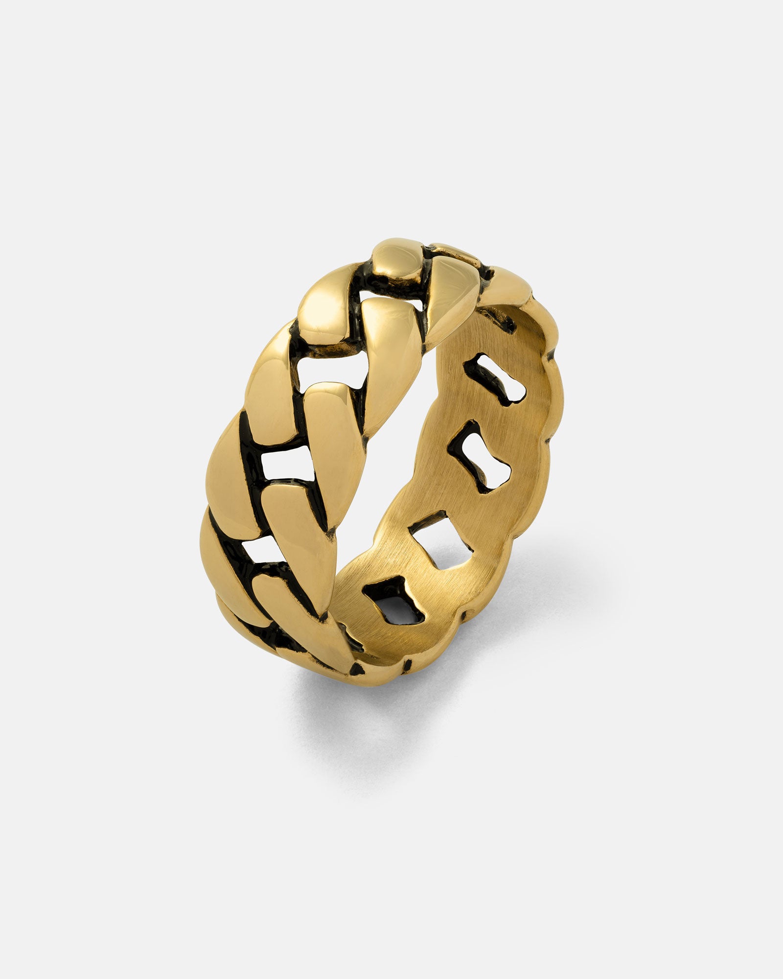 The Cuban Link Ring (Gold), featuring a chunky interlocking chain-link design, is displayed against a plain light gray background.
