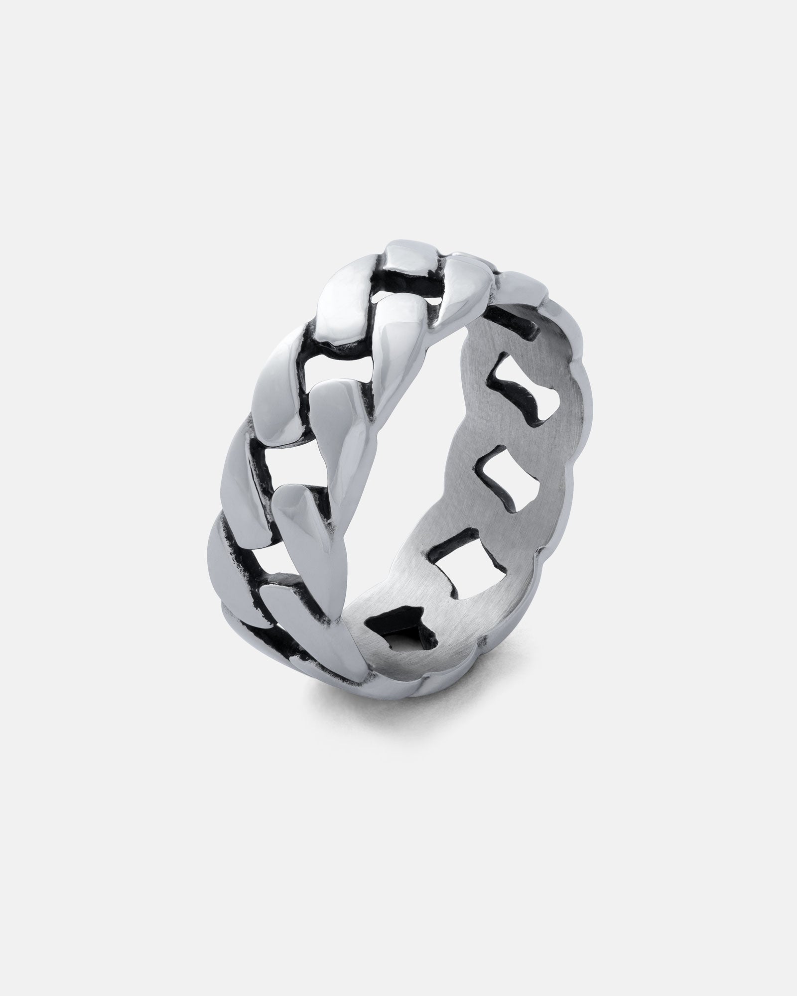 silver cuban link band ring on white background