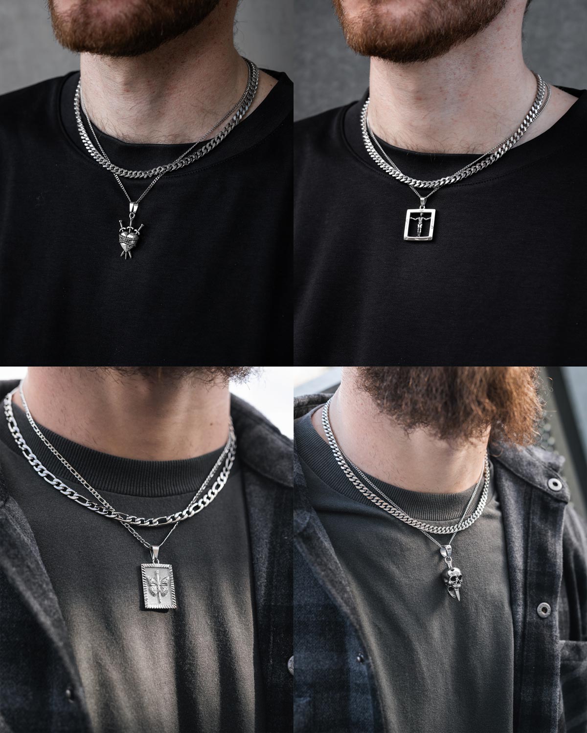 A collage shows a man modeling Statement Collective’s Cuban Set, featuring four stainless steel chain necklaces with custom pendant choices, each worn over a dark shirt to highlight the unique designs in this striking set.