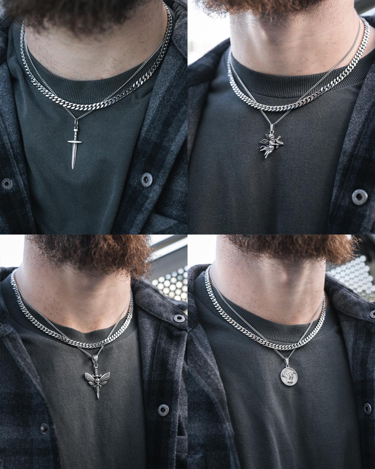 Four images show a bearded man in dark attire wearing the Statement Collective Cuban Set (Custom Pendant Choice)—layered stainless steel chains, including a Cuban link—with sword, winged creature, bee, or medallion pendant options.
