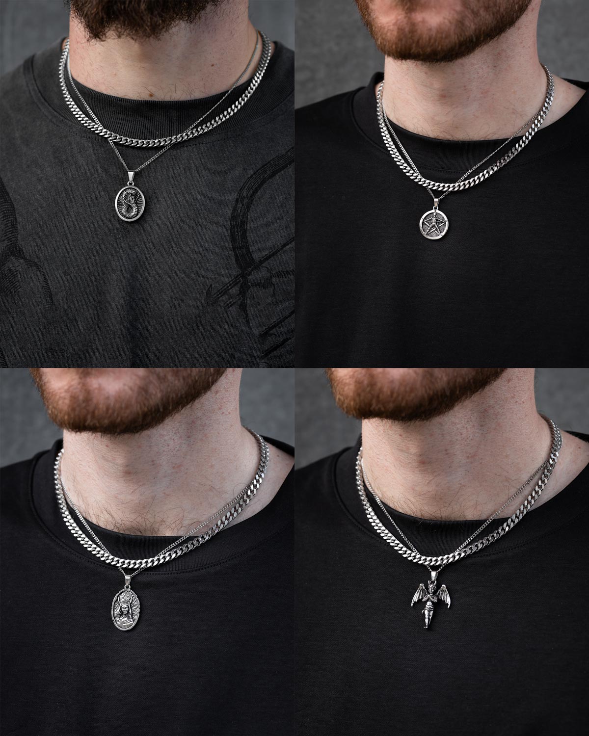 Four images showcase Statement Collective's Cuban Set (Custom Pendant Choice), featuring stainless steel Cuban link chains with round, star, oval, and bat-shaped pendants, each styled on dark shirts for a bold look.