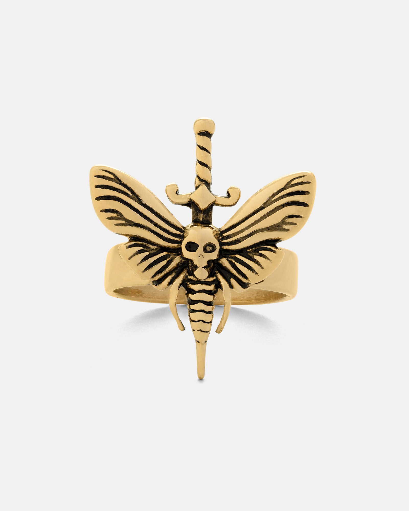 The Death's Head Moth Ring (Gold) showcases a detailed moth with a skull centerpiece and sword motif in 18k gold, featuring wide-spread wings and bold black accents for a striking, gothic look.