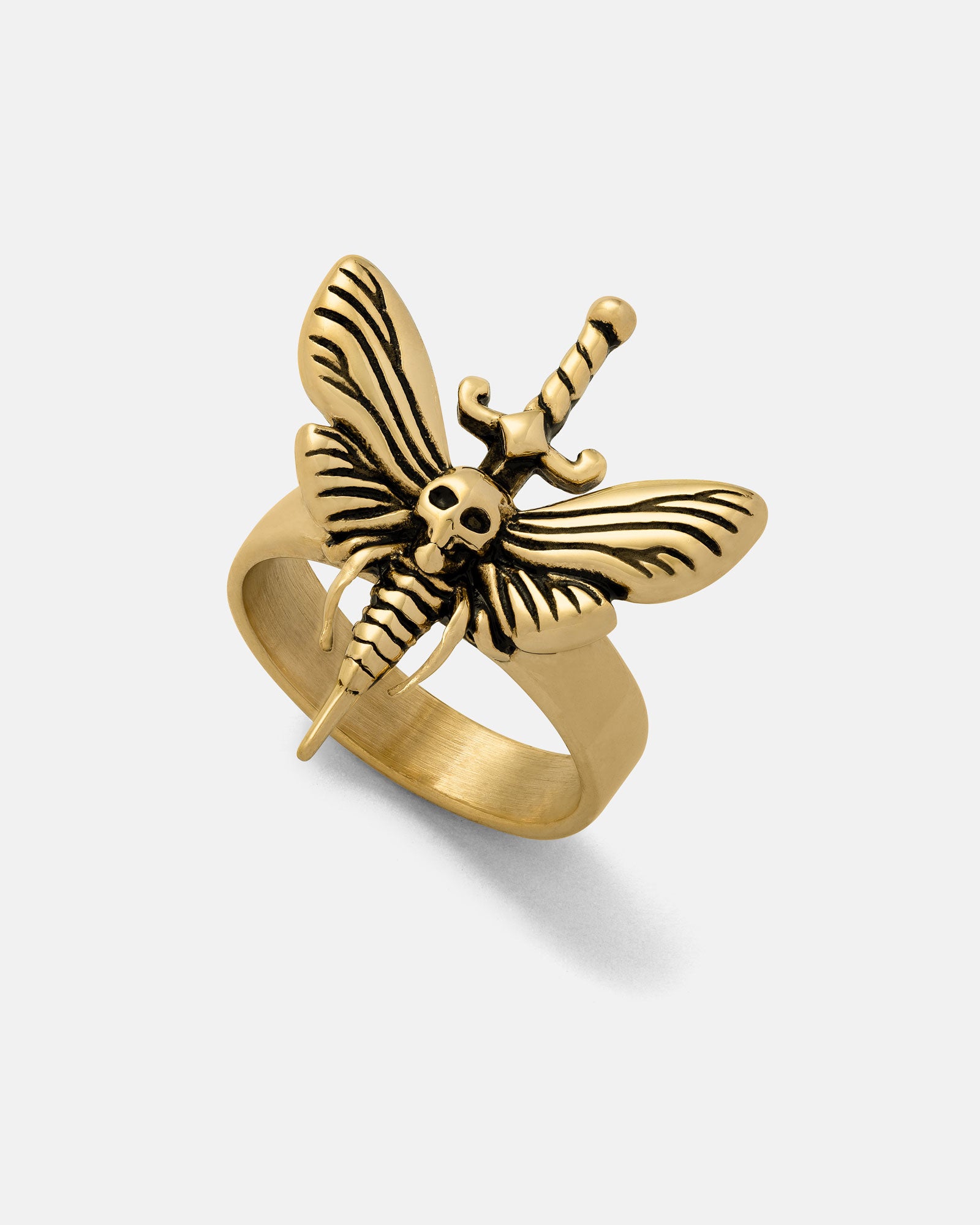 The Death's Head Moth Ring (Gold) is a bold 18k gold piece featuring a moth with a skull and sword design, set against a light background—perfect for gothic jewelry enthusiasts.