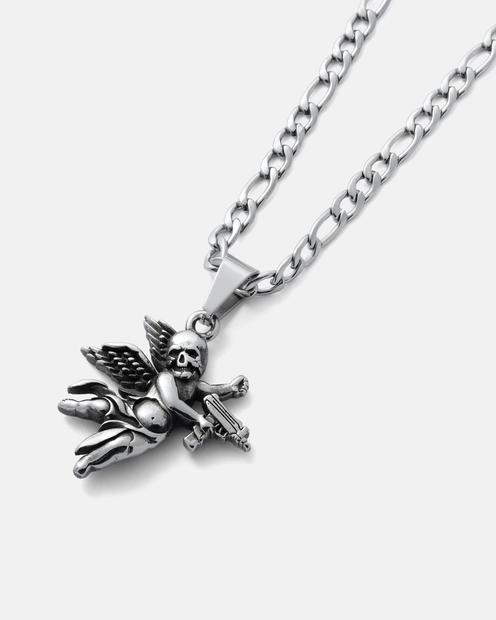 The Death's Cupid Pendant is a silver chain necklace featuring a winged cherub with a skull cupid pendant holding a crossbow, displayed against a plain white background.