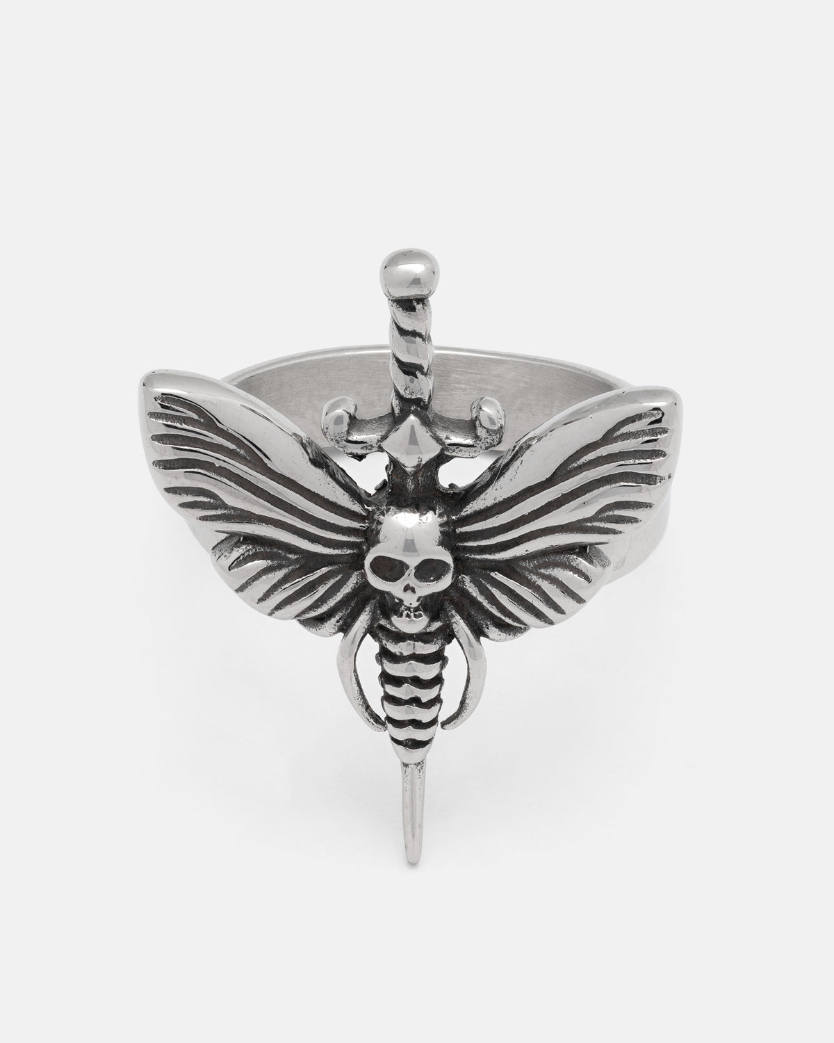 Statement Collective Death’s Head Moth Ring in stainless steel featuring a moth with a skull on its thorax, impaled by a vertical sword.