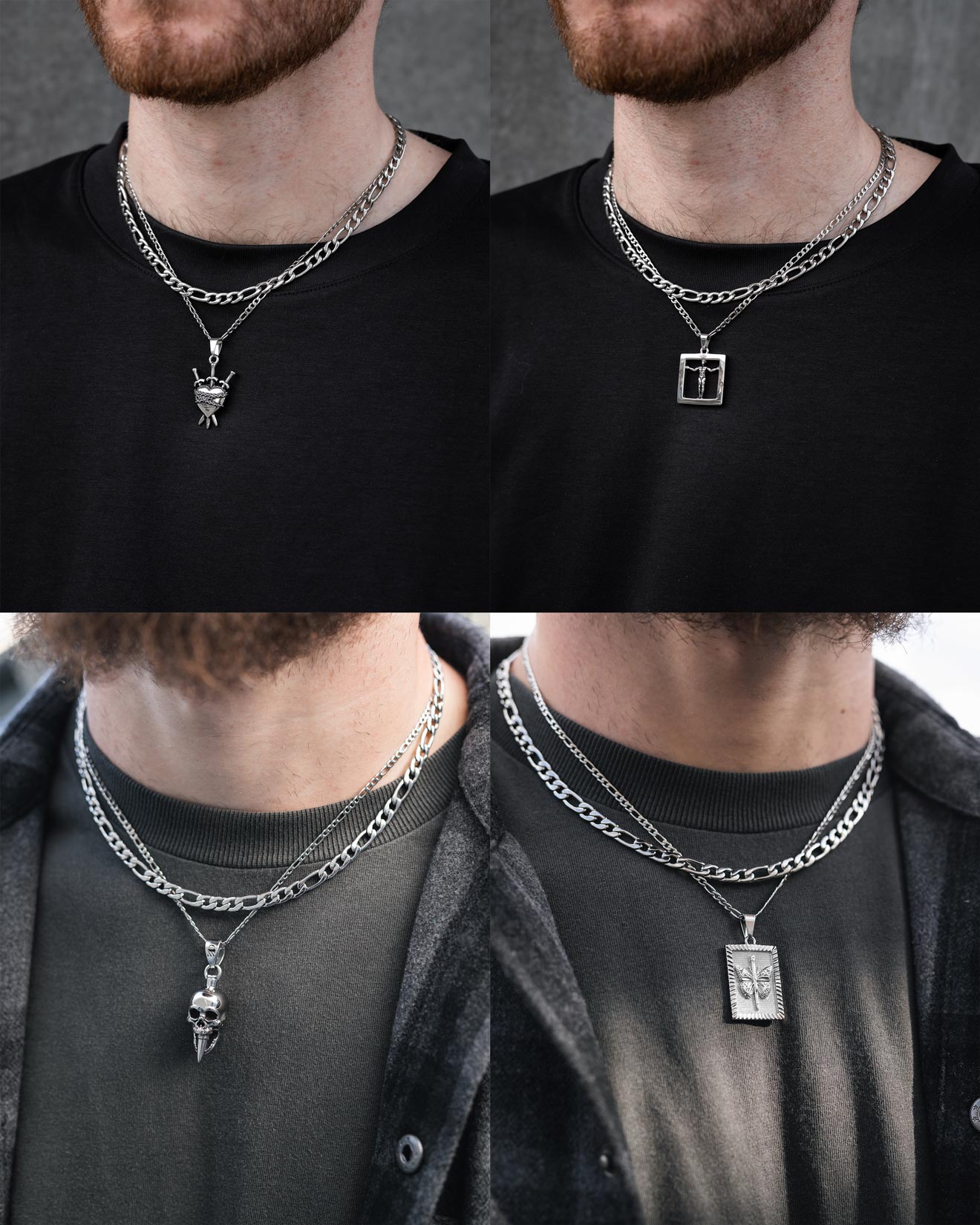 Four close-up photos feature a man in black shirts wearing Statement Collective's Figaro Set (Custom Pendant Choice), showcasing unique stainless steel pendants: rose, cross square, skull, and rectangular fleur-de-lis on Figaro chains.