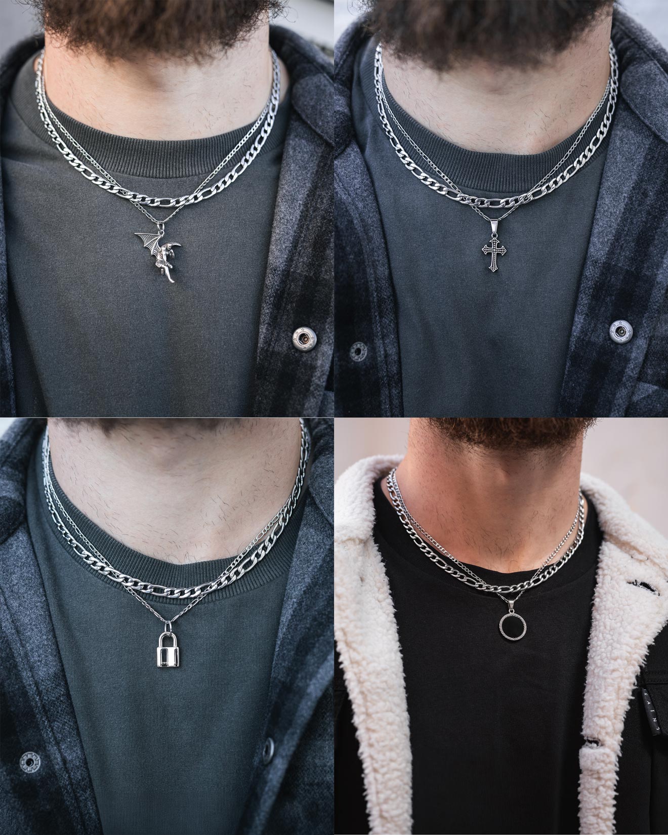 Collage of four close-ups showing a person wearing Statement Collective's Figaro Set (Custom Pendant Choice): dragon, cross, padlock, and ring pendant necklaces over dark shirts with plaid or fleece jackets.