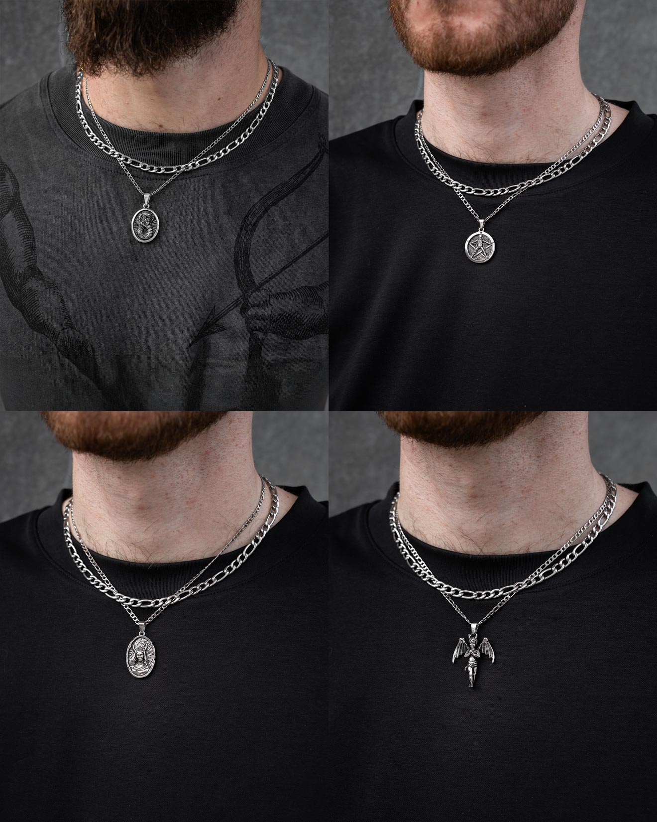 Four images show a person in dark tops wearing the Statement Collective Figaro Set (Custom Pendant Choice), a stainless steel necklace set with silver chains—one Figaro—and unique pendants: coin, detailed medallions, and winged creature.