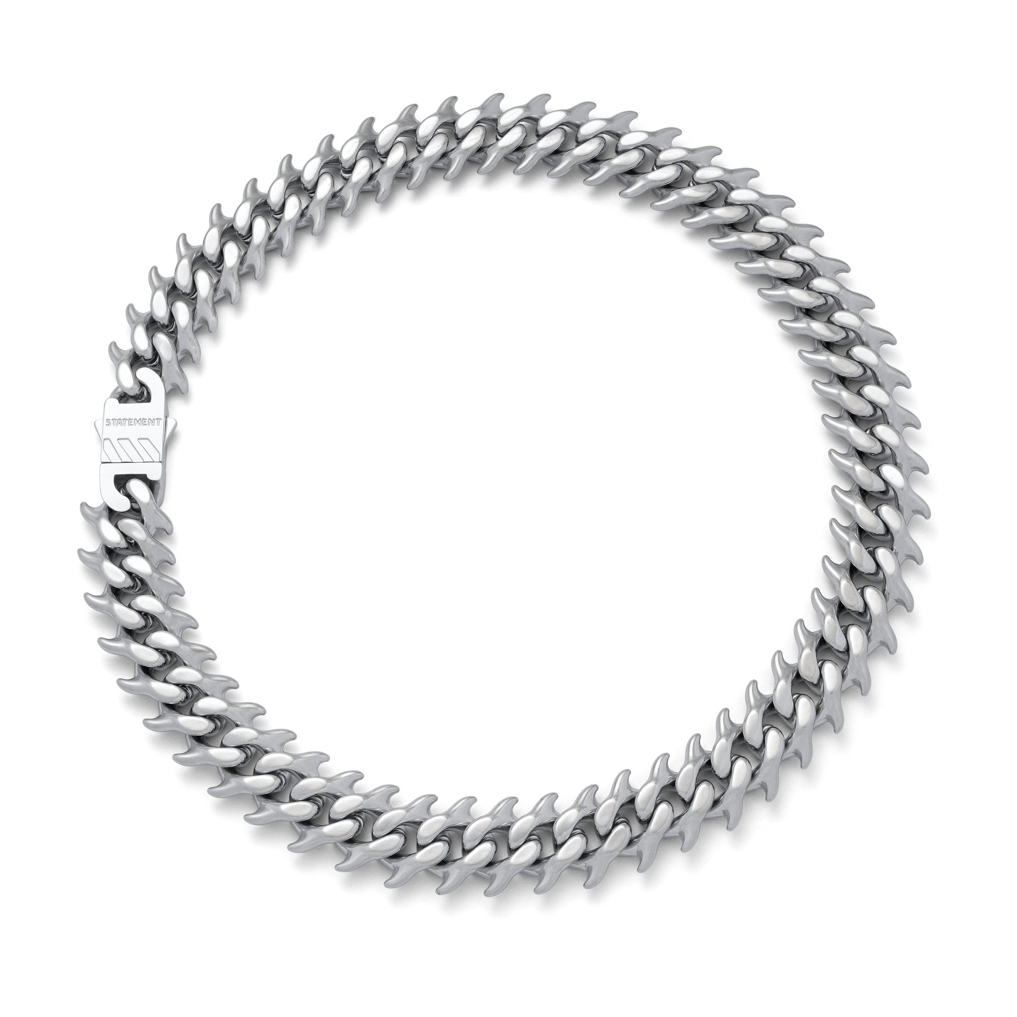 Silver Cuban chain with curved spikes on every link.