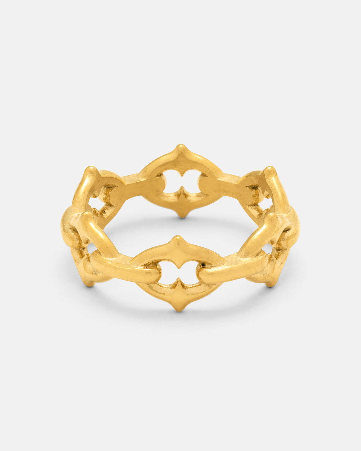 Introducing “The Cathedral” Spiked Ring in Gold by Statement Collective—a striking 18k gold ring with an openwork, geometric pattern of linked pointed arches that evoke a crown-like silhouette. Finished with a matte sheen, the ring is beautifully presented against a light gray background.