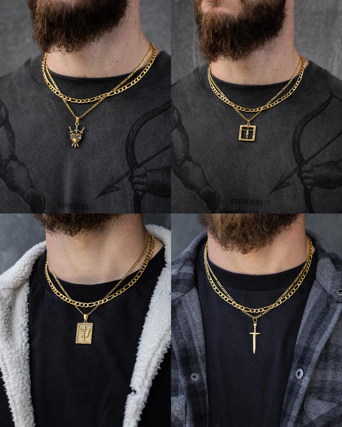 Four close-up photos show men wearing Statement Collective's Figaro Set (Custom Pendant Choice) in gold, featuring unique 18k gold pendants: a lion head, a cross square, an engraved design, and a vertical sword.