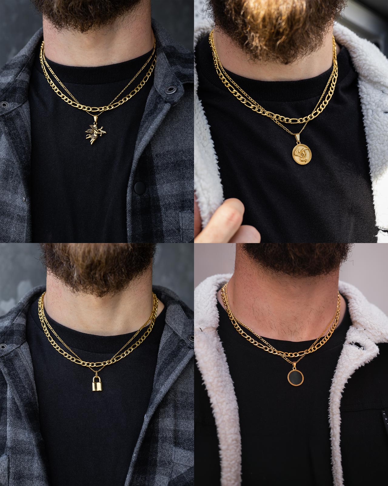 Four images show a person wearing four different Statement Collective gold chain necklaces from the Figaro Set (Custom Pendant Choice): spiked 18k gold pendant, round coin pendant, padlock on Gold Figaro chain, and a simple circular ring waterproof necklace.