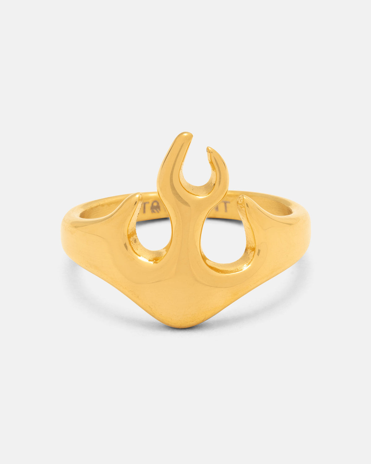 Introducing the Flame Ring (Gold) by Statement Collective—a bold 18k gold piece showcasing a stylized flame design at its center, photographed on a clean white background for those who love standout statement jewelry.