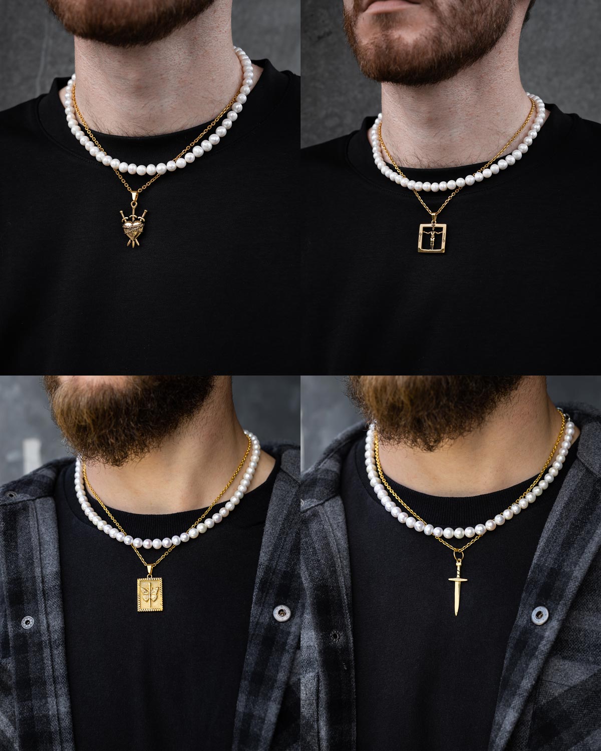 A bearded man wears layered Statement Collective Pearl Set (Custom Pendant Choice) necklaces in gold, each with unique 18k gold pendants—an insect, cross, abstract shape, and sword—shown in four close-up images.