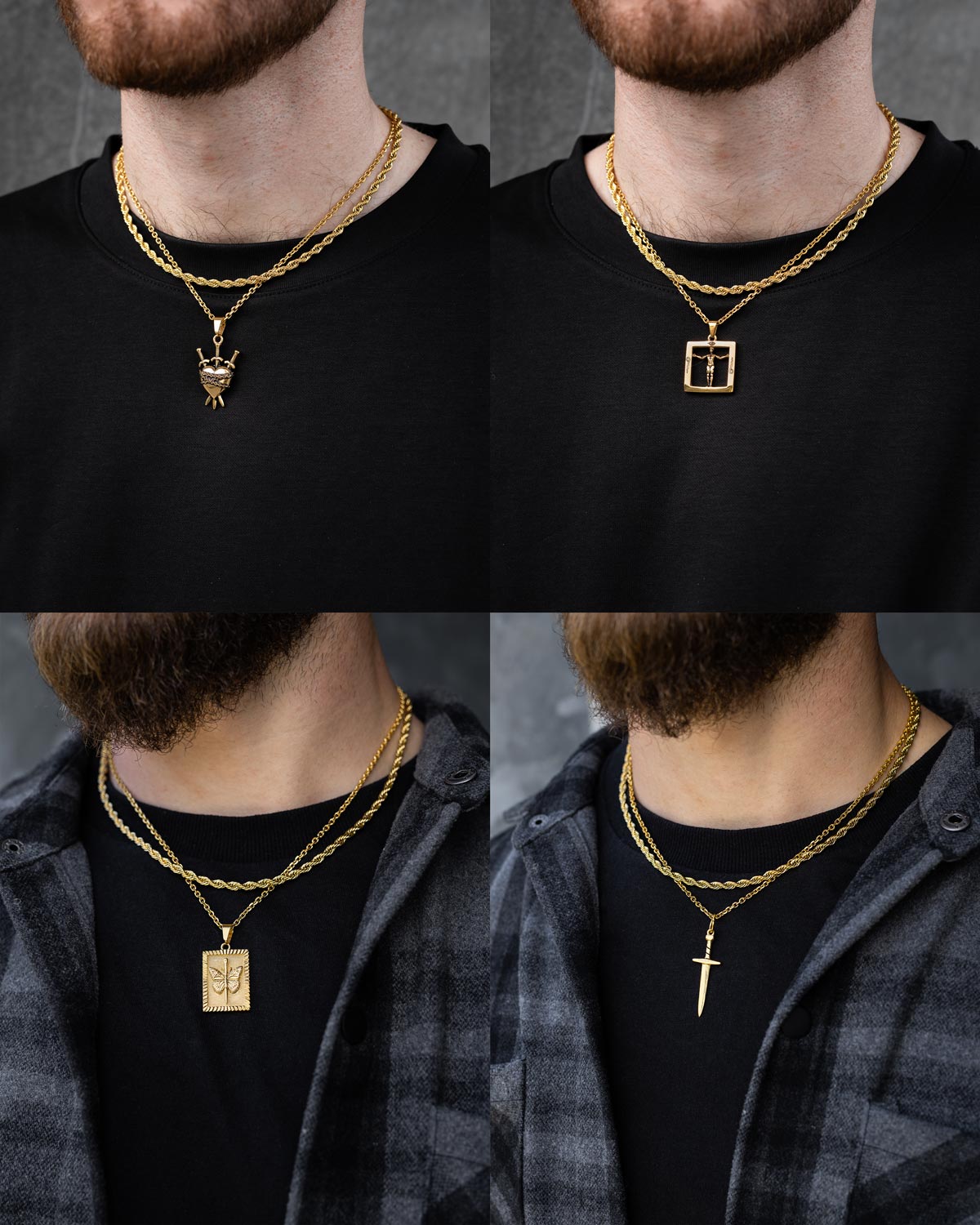 Four images display a man wearing Statement Collective's Rope Set (Custom Pendant Choice) (Gold), featuring an 18k gold rope chain with various pendants—a bee, square, plate, and cross—showcasing stylish custom gold designs.