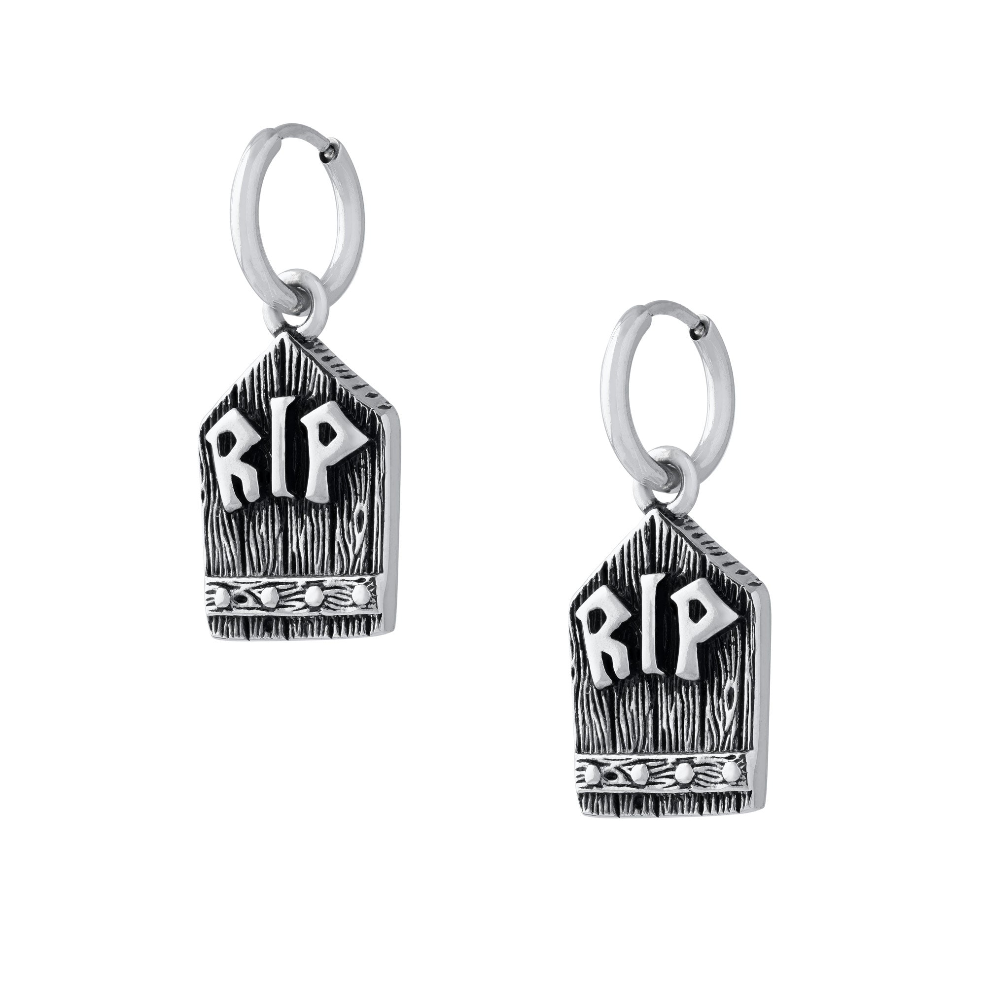 Silver grave stone earring pair with "RIP" embedded