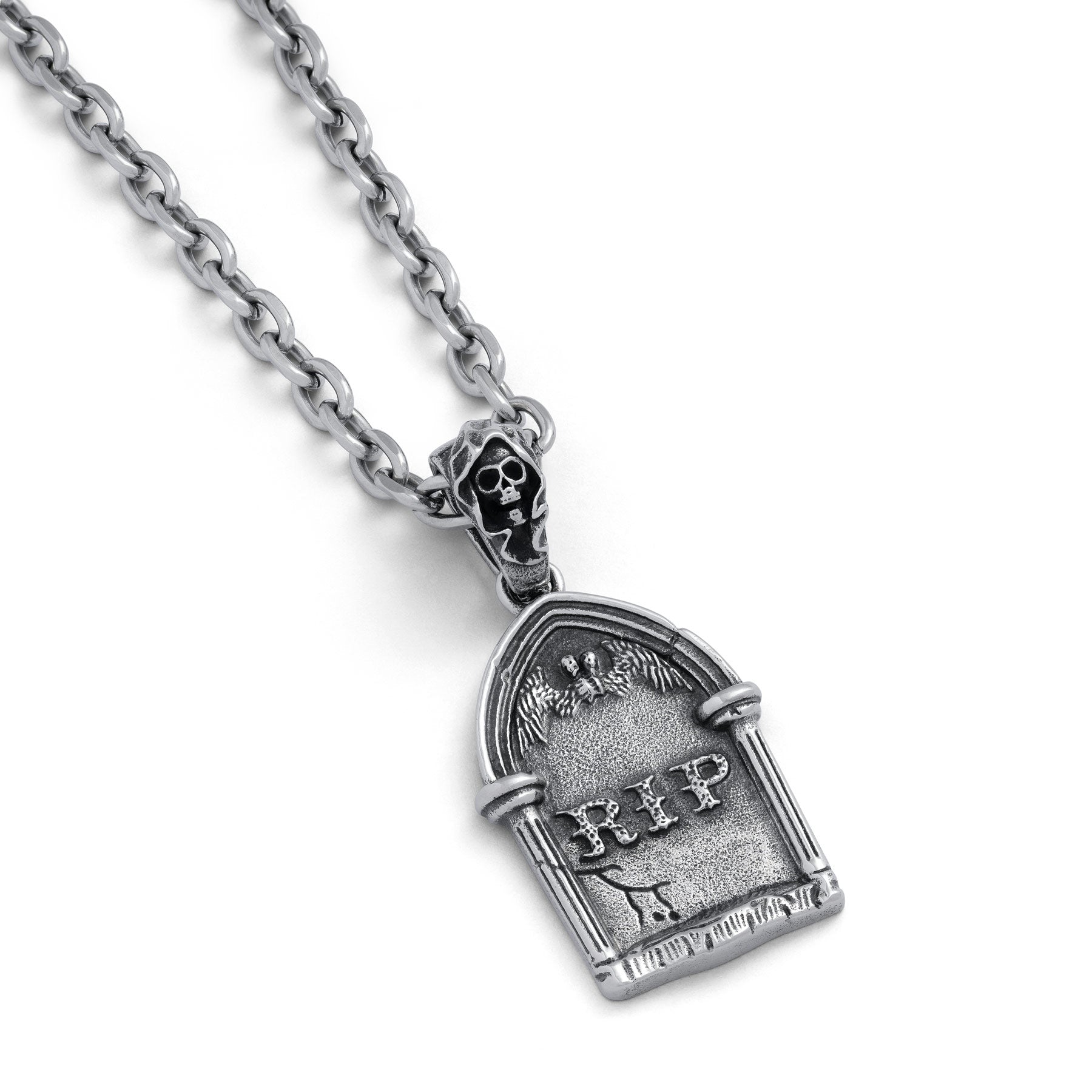silver Gravestone pendant with Reaper bail and cable link chain on white background
