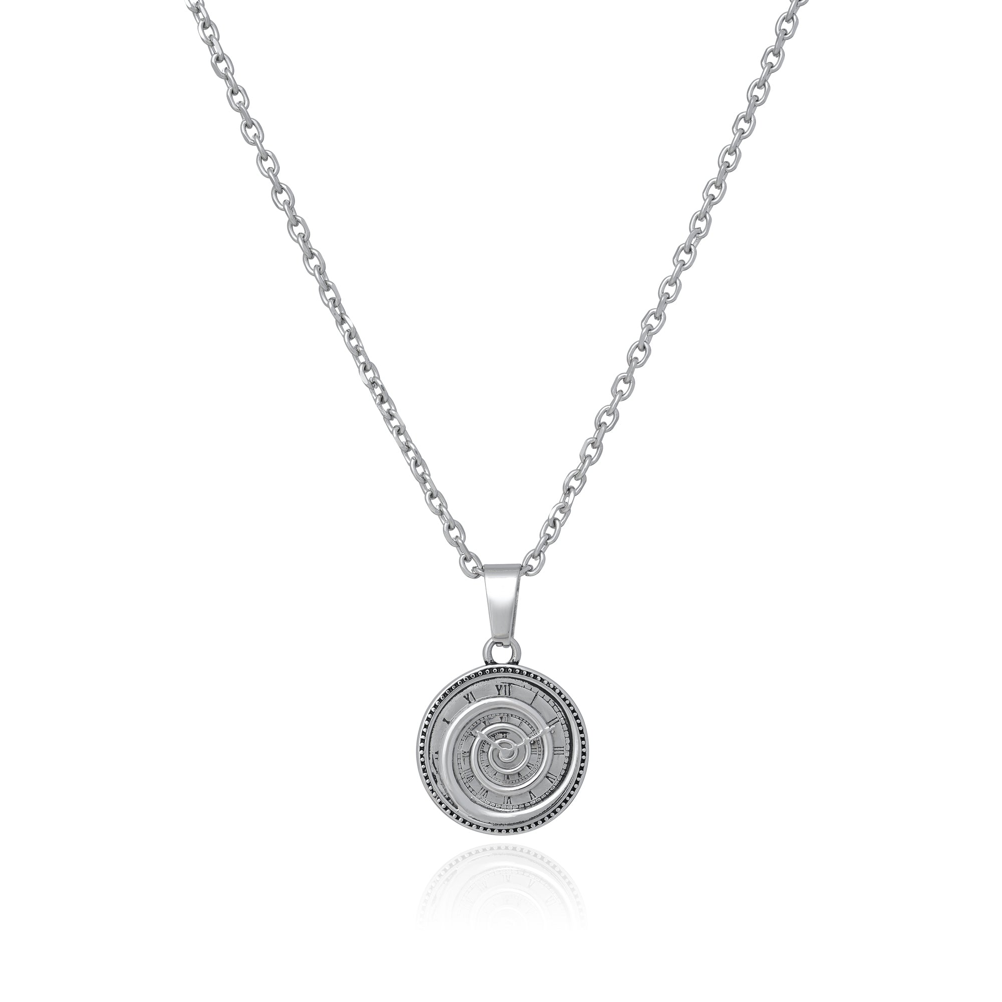 spiral clock pendant necklace in stainless steel on white background by statement collective