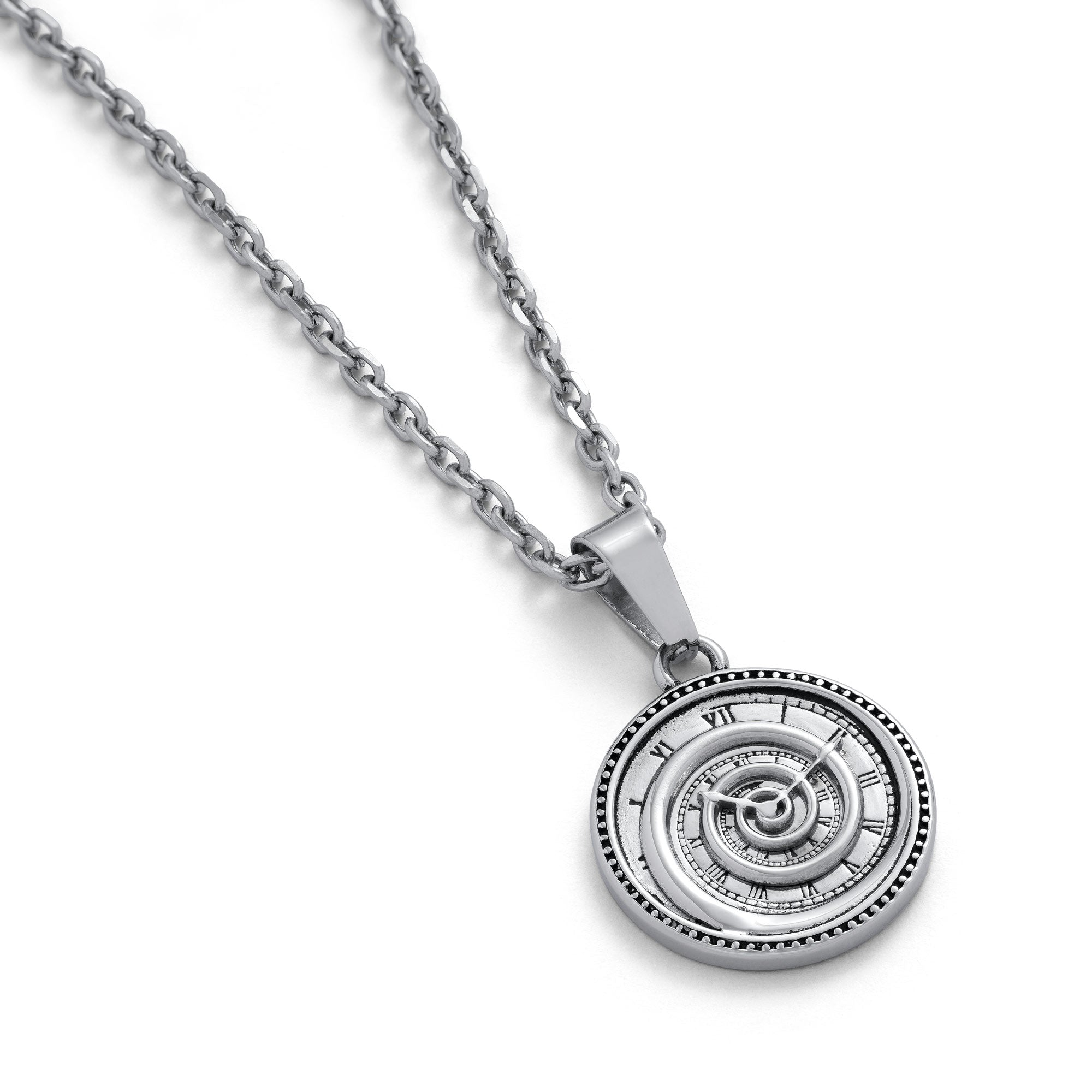 A silver-colored stainless steel pendant necklace with a spiral clock face design on a chain.