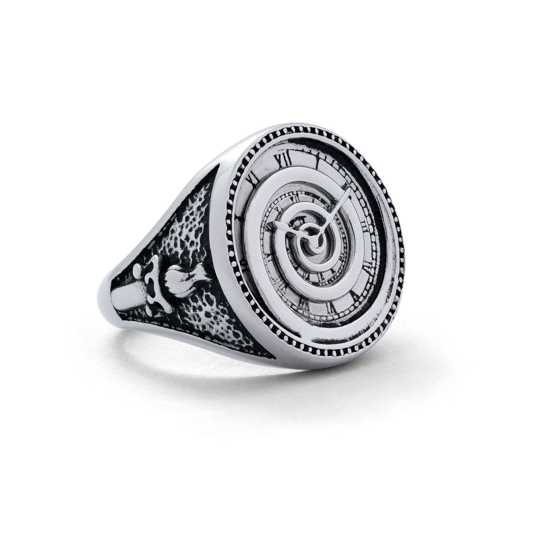 Chunky silver clock ring with roman numeral details on clock, and candle detail on side