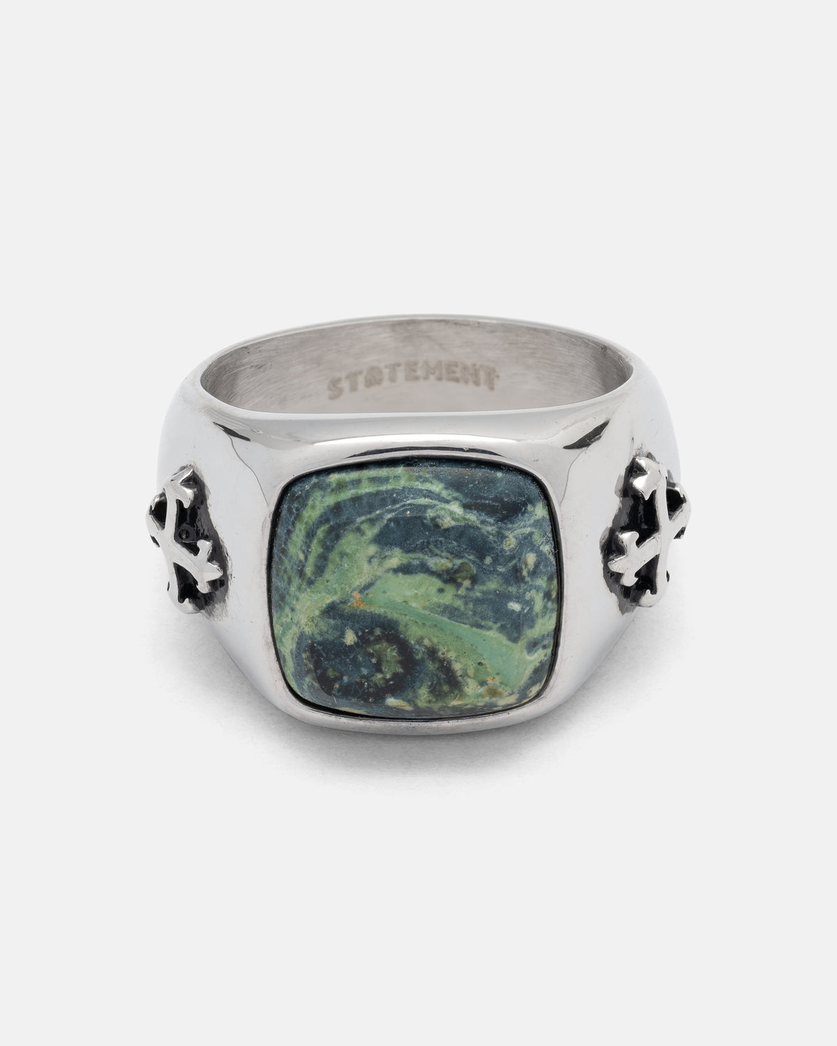Kambaba Jasper Stone Ring, a silver signet ring featuring a square, marbled Kambaba Jasper stone and cross-shaped accents on the sides.