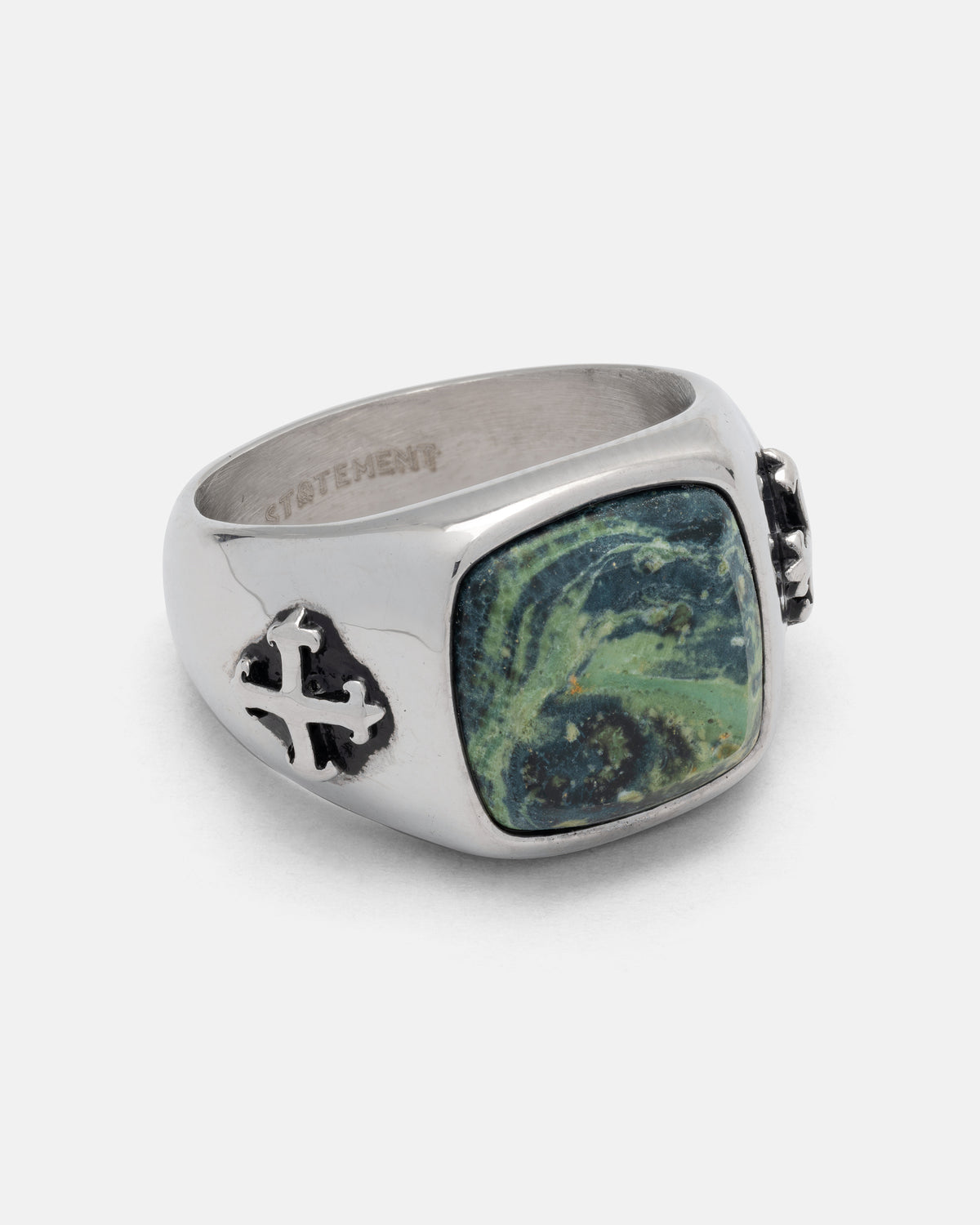 Statement Collective Kambaba Jasper Stone Ring, a silver signet ring with a rectangular Kambaba Jasper stone flanked by 316L stainless steel cross emblems.