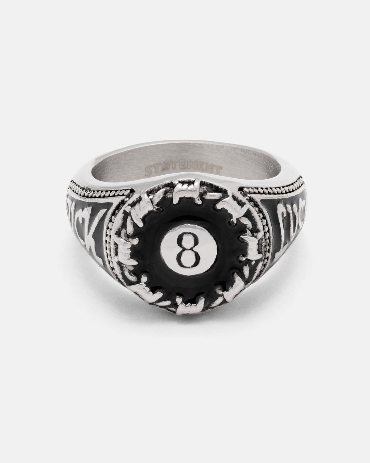 Lucky Shot Ring featuring a silver signet 8-ball design encircled by a barbed wire motif.