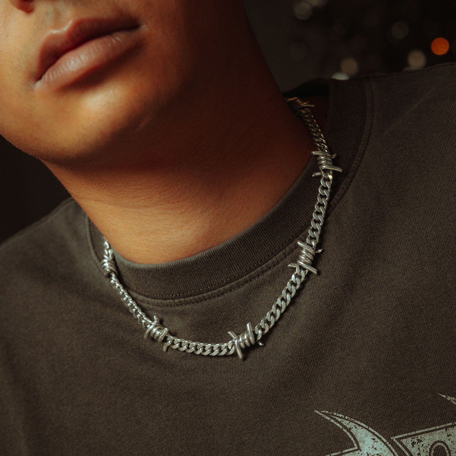 Sterling Silver 6mm Barbed wire chain on male model