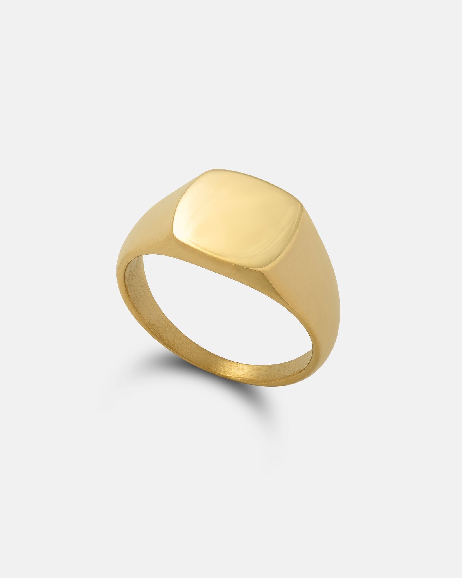 The Minimal Signet Ring (Gold) features a smooth, polished square face and is shown against a light gray background.