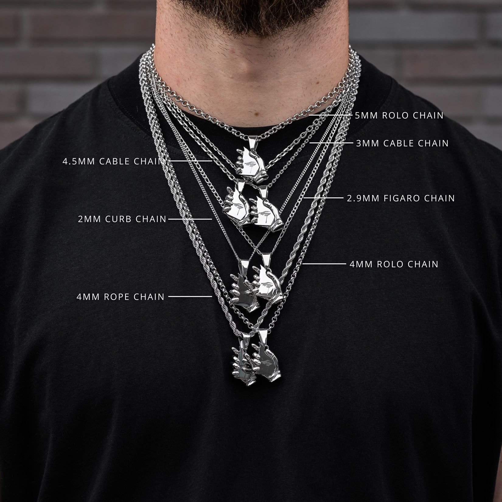 Man wearing multiple chains and detailed pendants with labeled chain types on a black shirt against a brick wall.