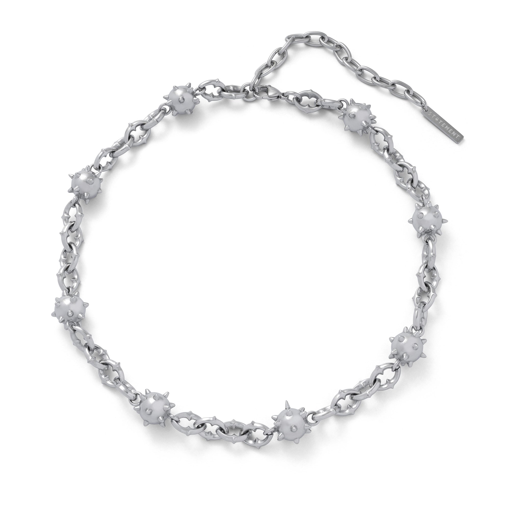 Silver spiked chain with spiked balls every 4 links and 10 centimeter extender.