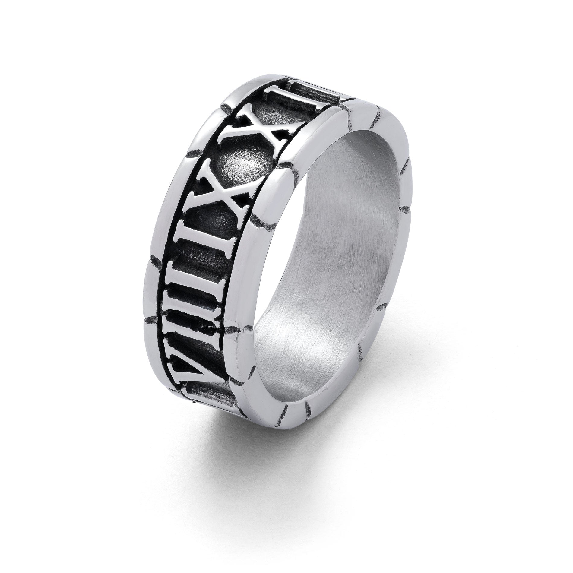 Silver band ring with roman numerals embedded around entirety of ring band.