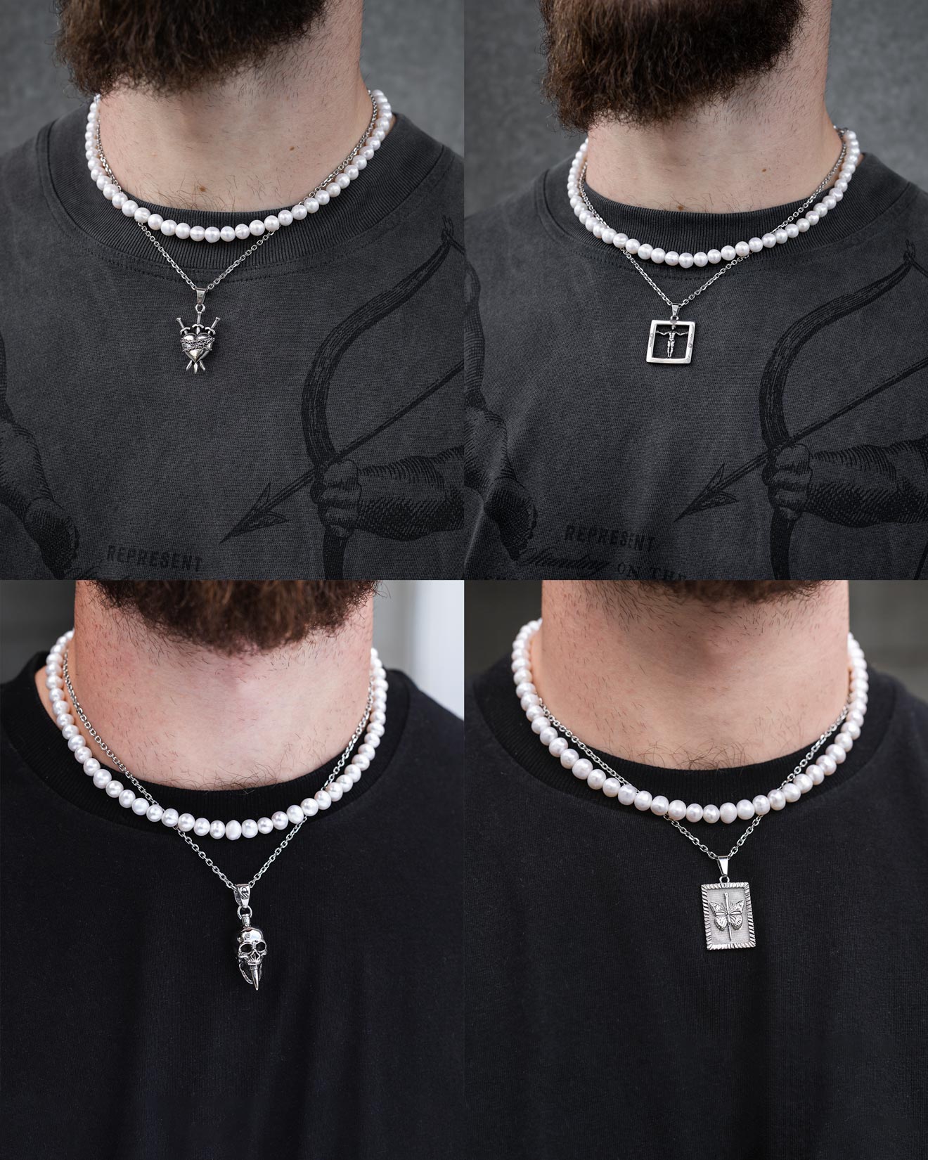 A man wears the Statement Collective Pearl Set (Custom Pendant Choice), featuring four freshwater pearl necklaces with unique silver pendants—sunburst, figure square, skull, and rectangular plate. Hypoallergenic and perfect for layering.