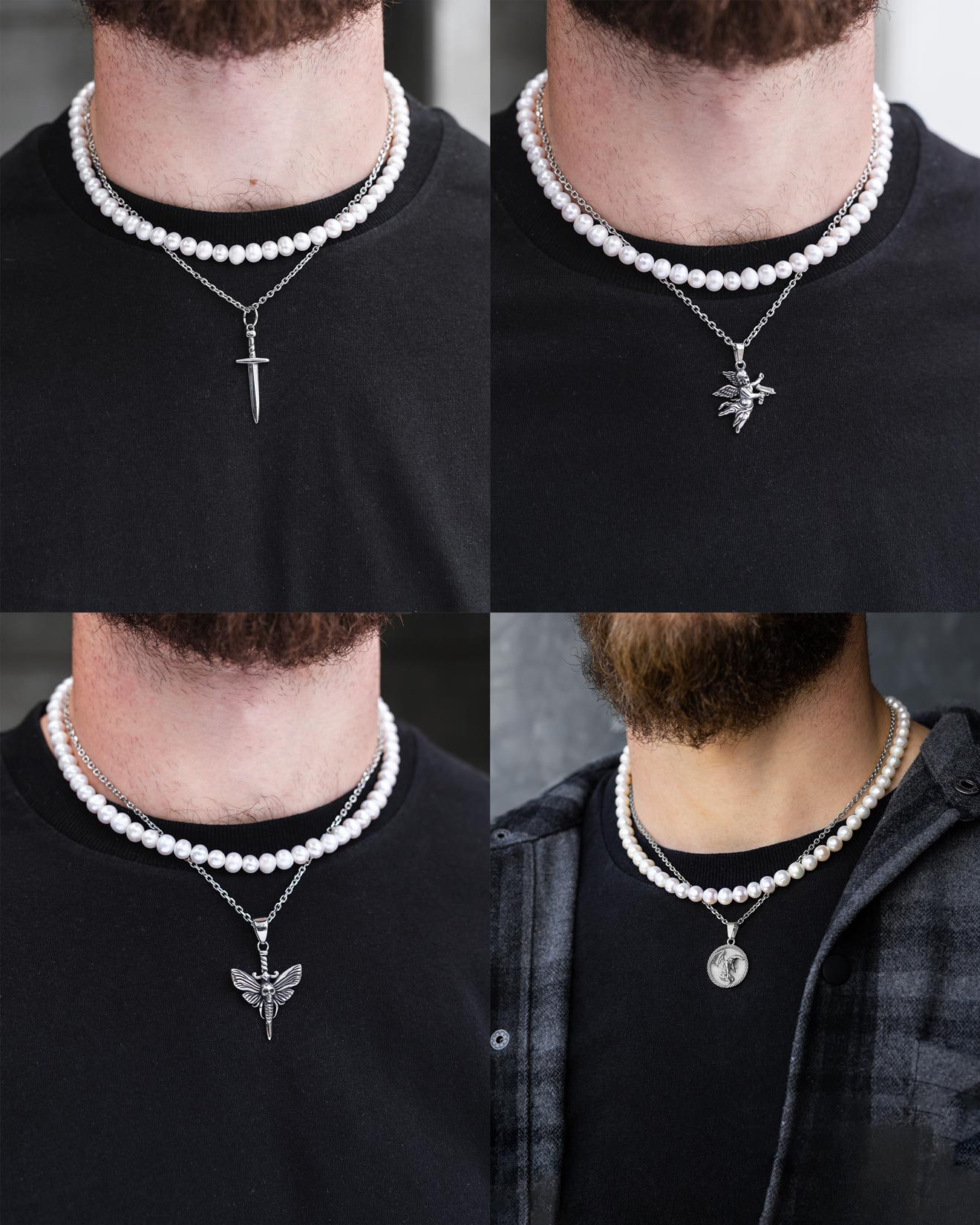A collage shows Statement Collective’s Pearl Set (Custom Pendant Choice): freshwater pearl necklaces with silver cross, gothic, butterfly, and medallion pendants, worn over black shirts as stylish hypoallergenic jewelry.