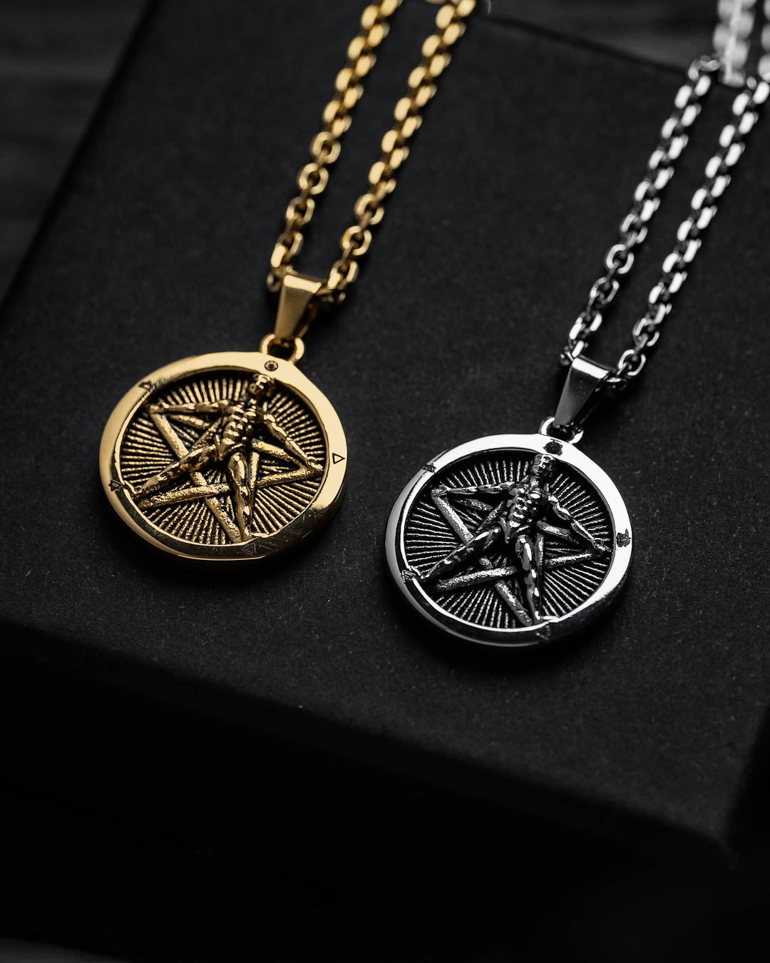 The Star of the Magi" Pendant features a gold or silver pentagram with a Baphomet at the center, crafted from stainless steel and displayed on a black surface.