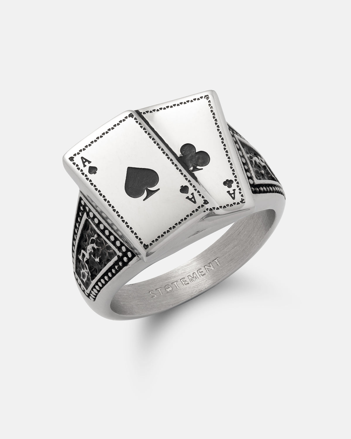 Stainless steel Pocket Aces Ring featuring two playing cards, an ace of spades and an ace of clubs, on the face.