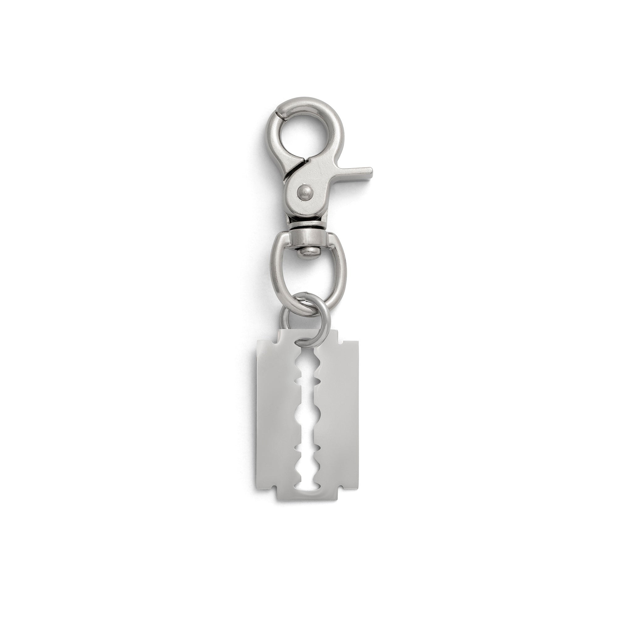 razorblade pendant with belt clip on white background