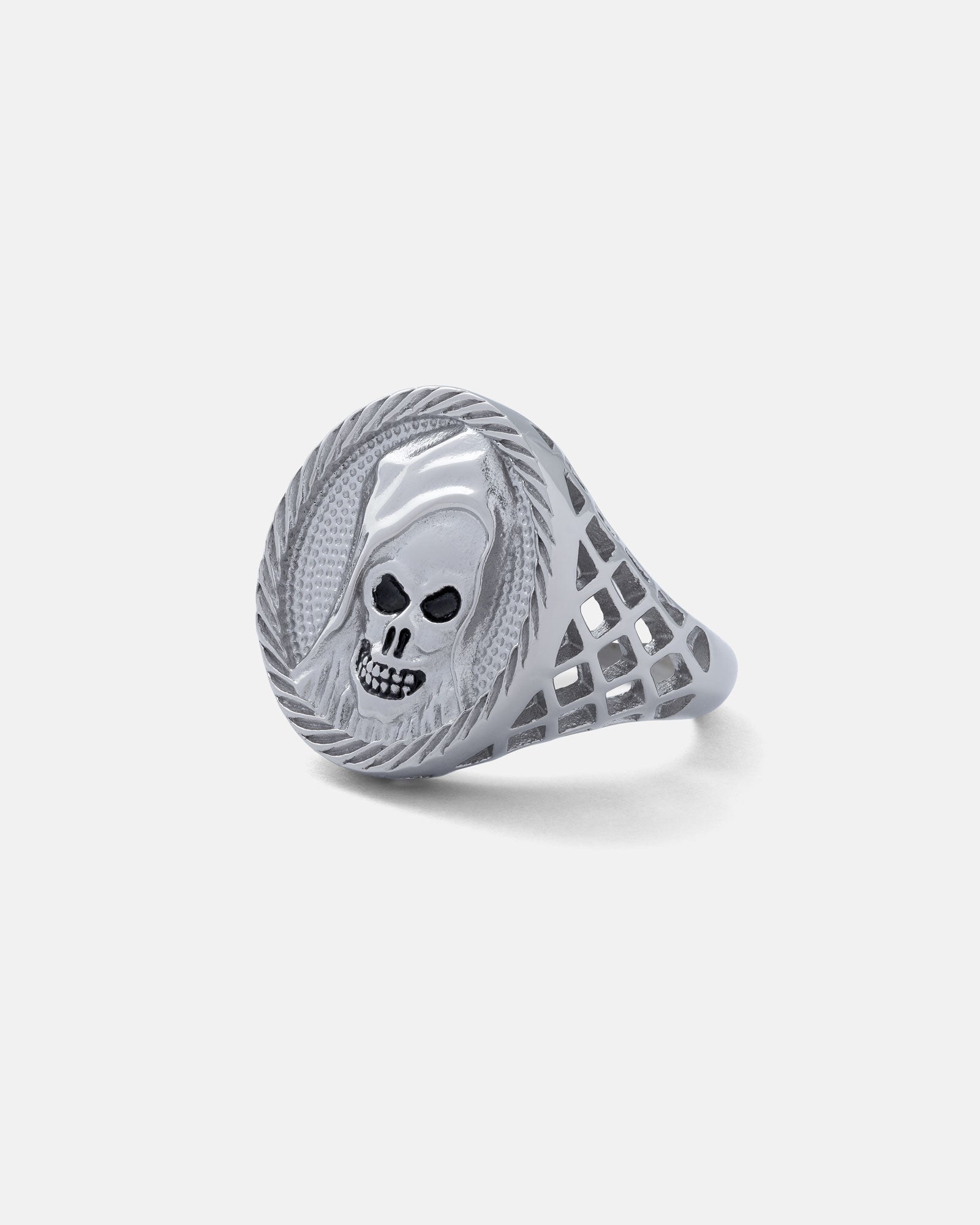 grim reaper ring in stainless steel on white background by statement