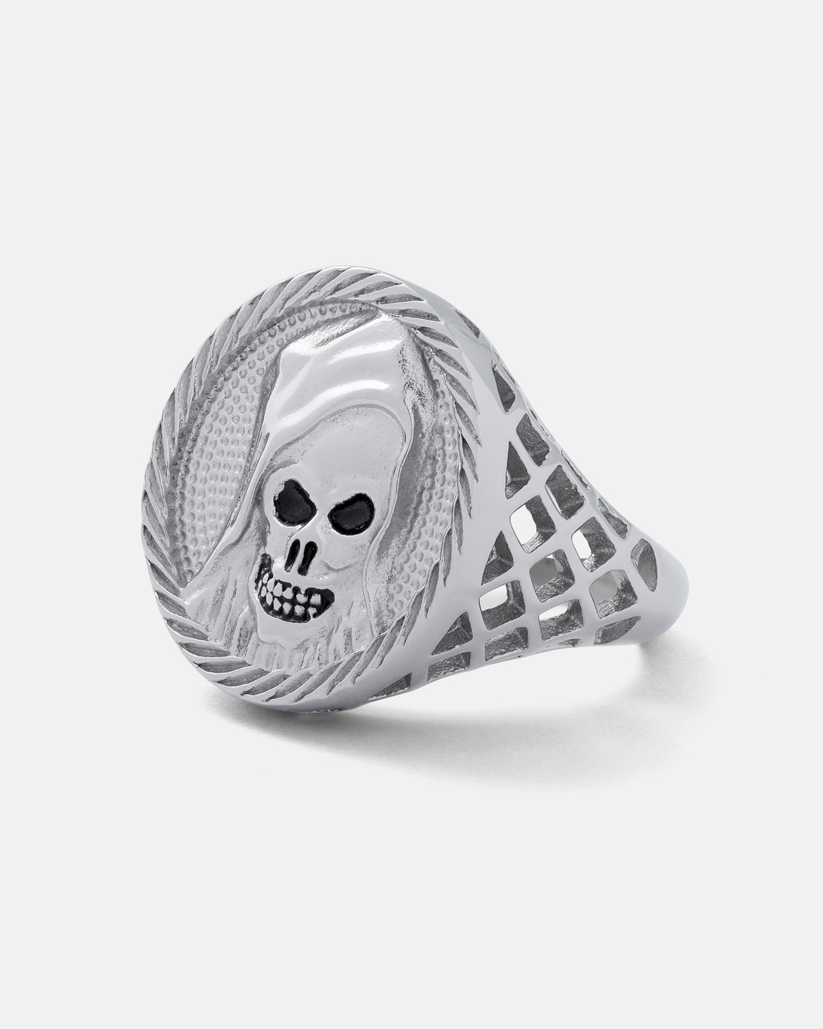 The Reaper Sovereign Ring by Statement Collective featuring a silver hooded skull with black eye sockets and teeth, set within a rope-patterned border on a lattice-work band.