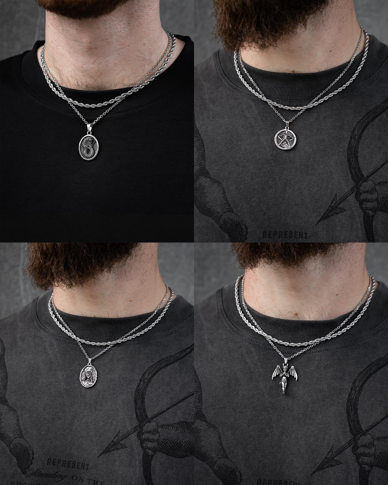 Four close-up images show someone wearing Statement Collective’s Rope Set (Custom Pendant Choice): layered stainless steel, hypoallergenic necklaces with rope chains and pendants like a skull, pentagram, knight, and winged creature against dark shirts.