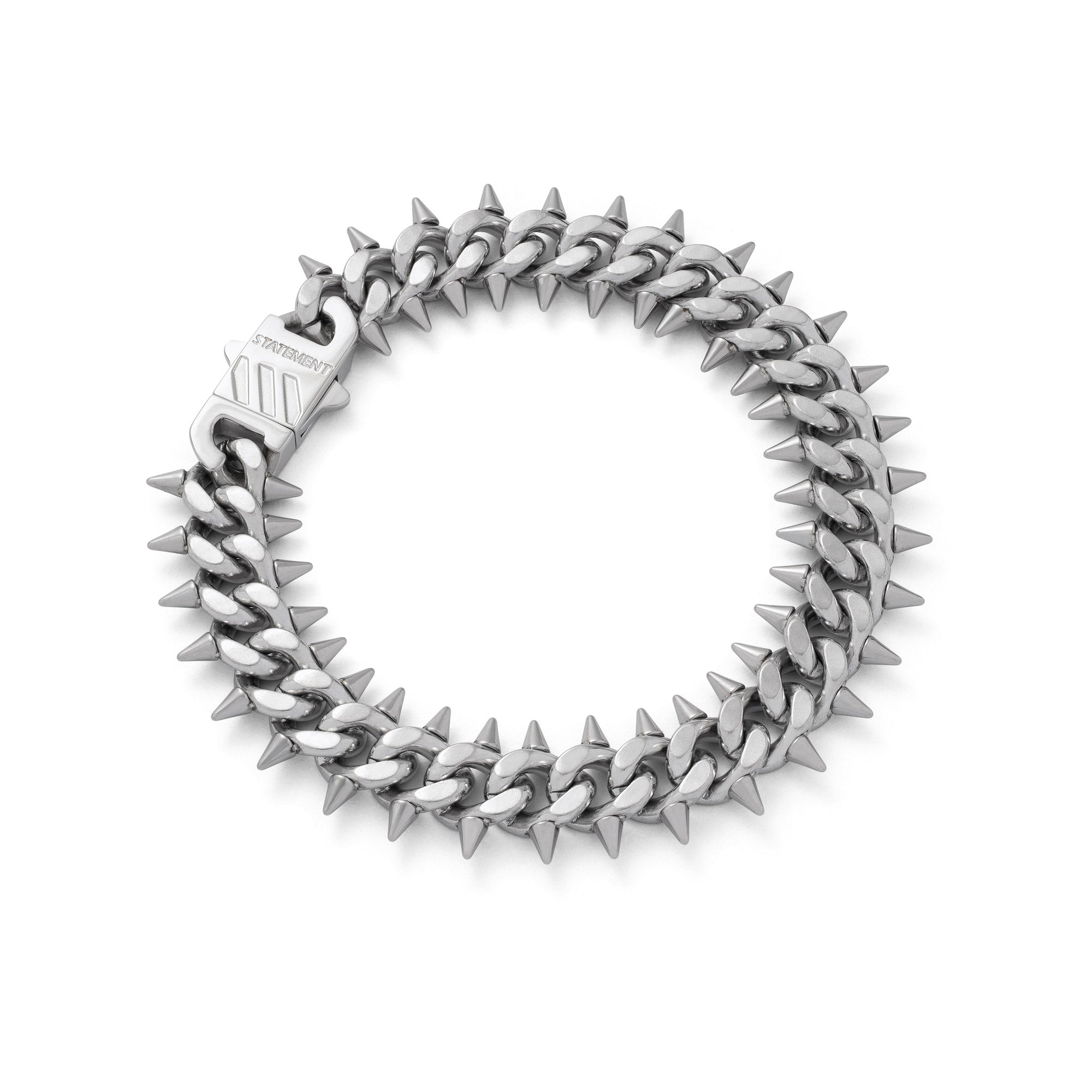 Spiked cuban link bracelet on white background by statement collective
