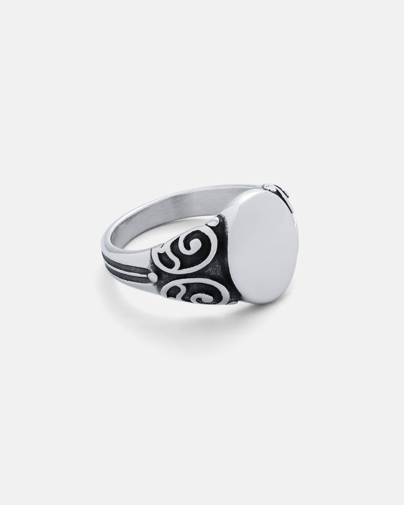 small oval scroll signet ring with scroll patterns by statement collective