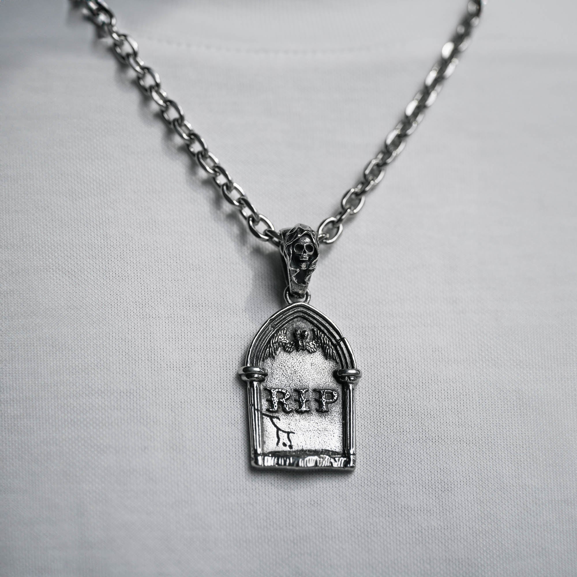 silver Gravestone pendant with Reaper Bail on a cable link chain by statement collective