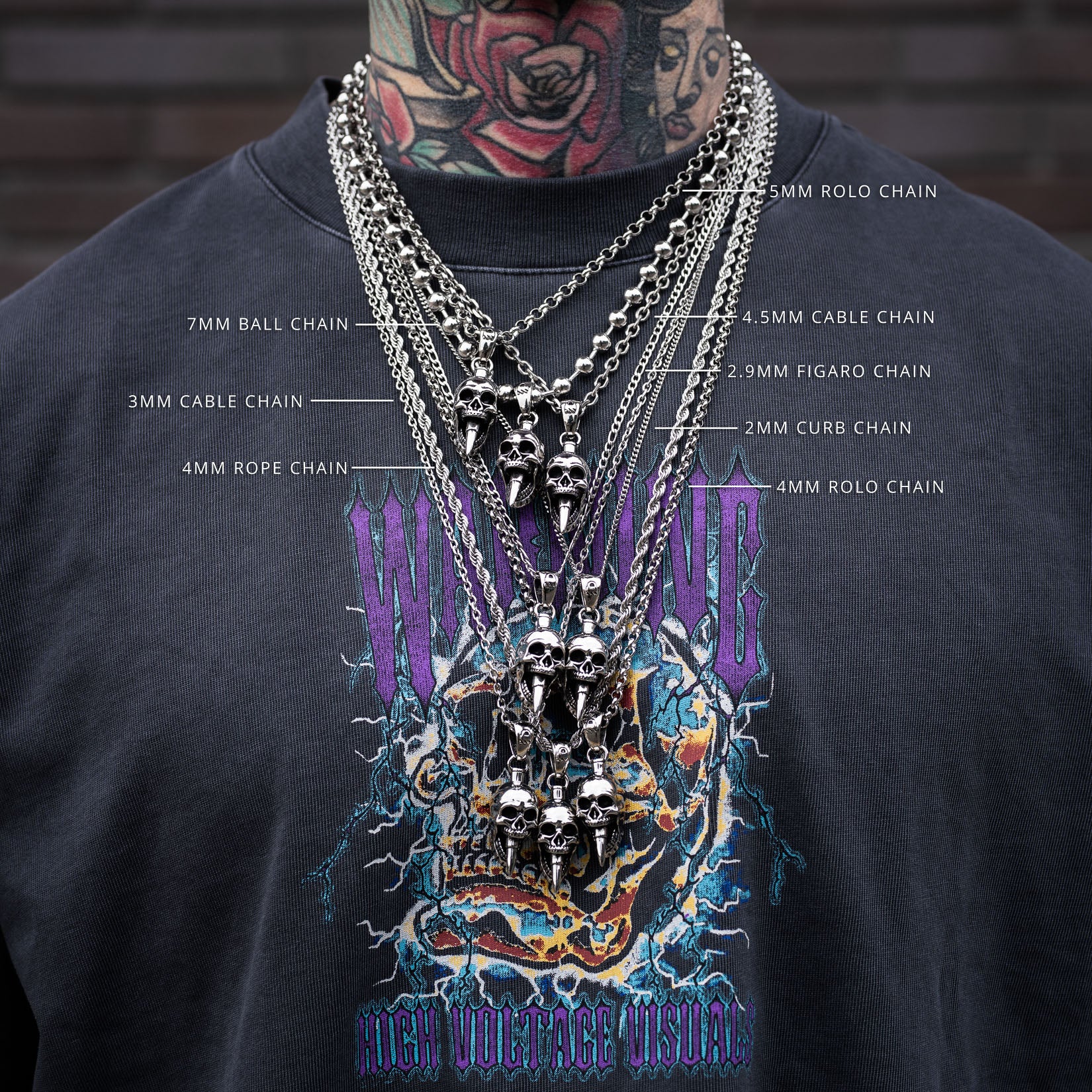 skull pendant necklace shown on all chain styles by statement collective