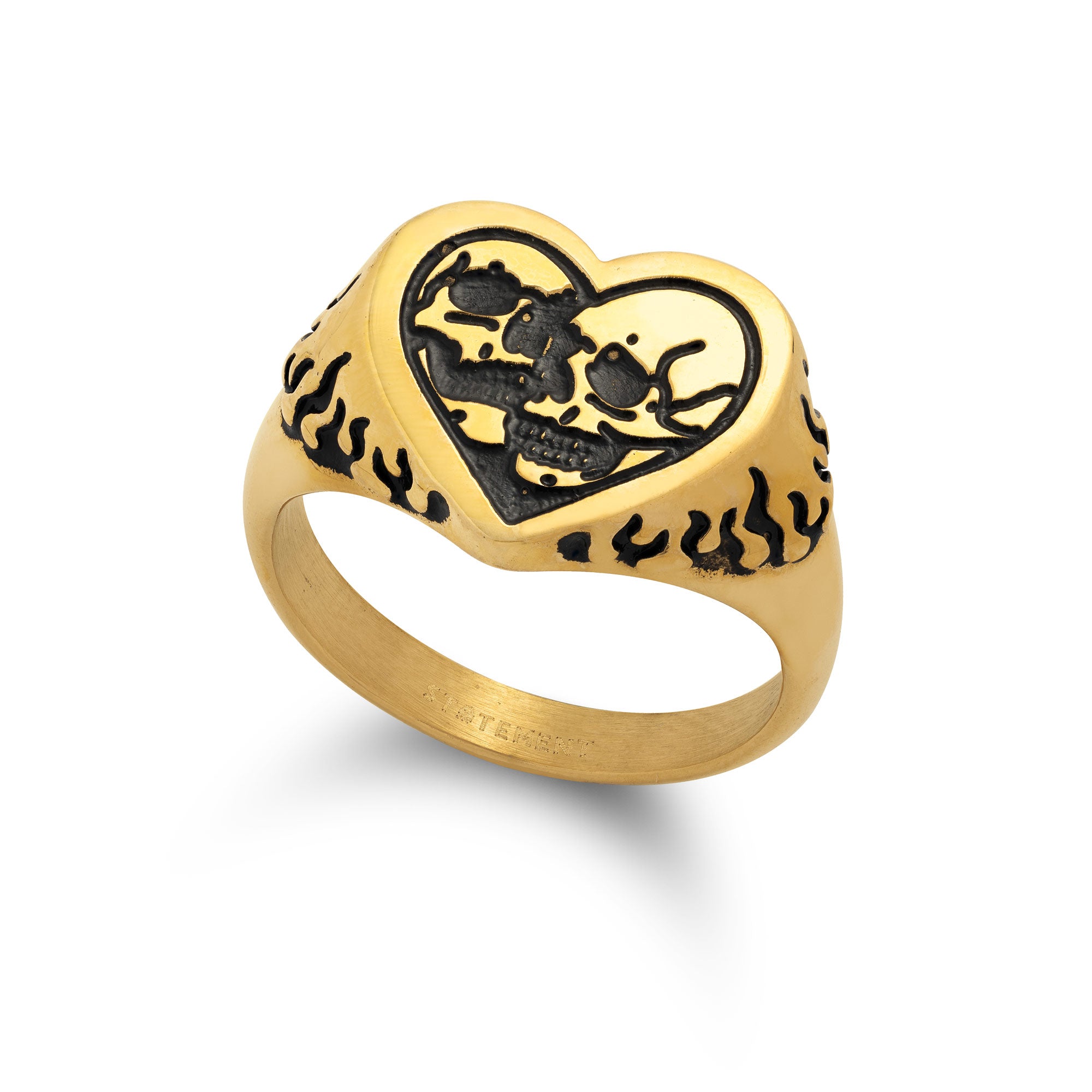 heart shaped ring with skulls in 18k gold by statement collective